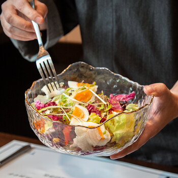 他他瓷说日式冰川沙拉碗大号透明玻璃碗家用创意描金水果碗蔬菜盘汤碗