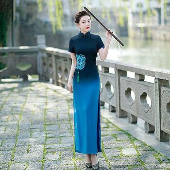 乐顽猫新式夏季高档中国风走秀旗袍轻奢时尚改良气质舞台演出服孔雀蓝