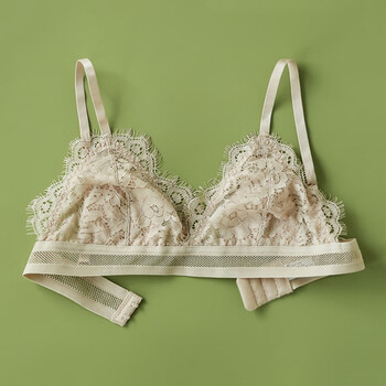呓寻小胸蕾丝法式文胸杯桑蚕丝真丝内衣夏季三角杯无海绵无胸垫灰粉