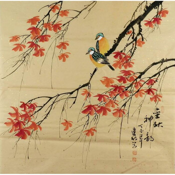 手绘字画新中式装饰画王建秋四尺斗方国画花鸟画紫藤荷塘柿子 yk0