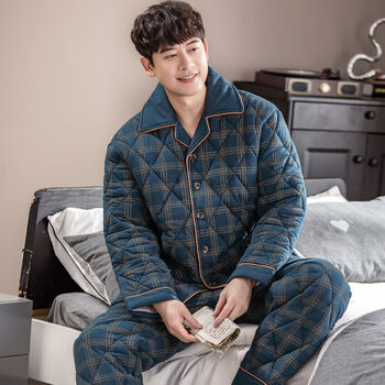 唯品同款睡衣男冬季加厚里外100%纯棉冬款全棉夹棉大码家居服套装 b