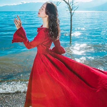 【女装新款】春夏季文艺复古红色灯芯绒连衣裙沙漠度假衣服长袖仙女装大摆长裙 红色 M秋冬新品