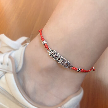 khsk925五帝钱脚链男女红黑绳情侣款一对2022年虎年编织绳本命年红绳