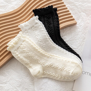 khck日本韩国女士品牌夏纯棉袜子爱心花边泡泡口基础百搭白色堆堆ck
