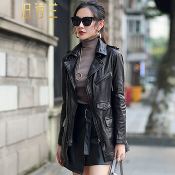 泊诗兰新款真皮皮衣女中长款机车绵羊皮夹克风衣外套p5147s