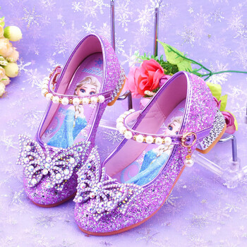 皮鞋新款公主单鞋儿童高跟鞋灰姑娘水晶鞋爱莎模特走秀表演鞋 紫色 25
