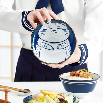 共禾京品（JINGREPUBLIC） 日式手绘盘子面碗可爱儿童饭碗高颜值碗盘碟学生一人食餐具套装 猫咪餐具 6头