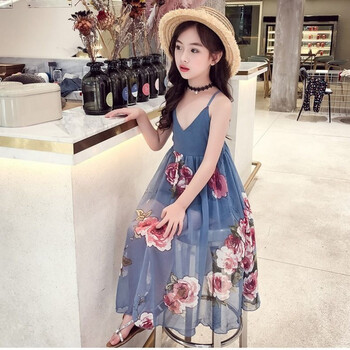 连衣裙夏装新款儿童露背长裙女孩雪纺吊带裙子3-12岁小孩子穿的吊带裙