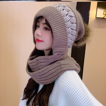 毛线帽子带围巾一体冬天女加绒加厚保暖防寒风雪帽针织毛线护耳帽