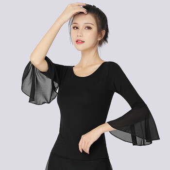 雪纺喇叭荷叶袖广场舞服形体舞蹈服莫代尔现代舞拉丁舞上衣黑色上衣s