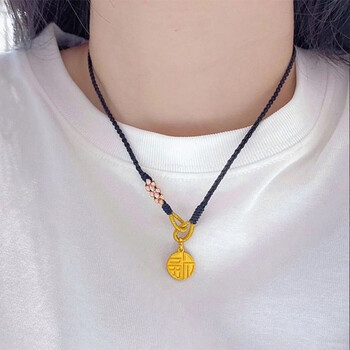 【送证书】老凤凰黄金项链女999足金福牌小桃花吊坠手工编织黑绳项链