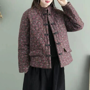 韩版宽松秋冬碎花复古民族风棉衣女新文艺中式盘扣短款棉麻加厚小棉袄