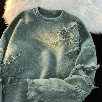 抒融高街割破毛衣男秋冬新款潮流宽松做旧毛边针织衫男生休闲套头上衣