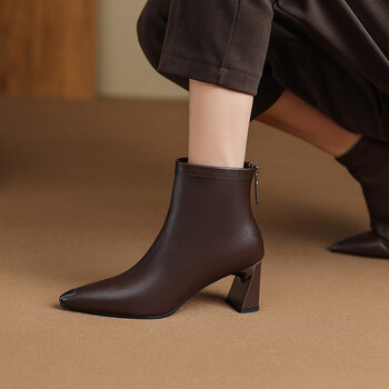 catafed接吻百丽猫尖头女靴后拉链高跟短靴时装粗跟踝靴女士马丁靴