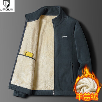 JPDUN 双面穿加绒加厚抓绒衣男女款运动外套棉服高品质户外休闲夹克 灰色-单面穿 L
