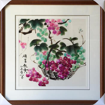 欧丽杰 苏绣壁画 手工精品4丝线苏绣刺绣 葡萄花篮硕果累累 餐厅客厅