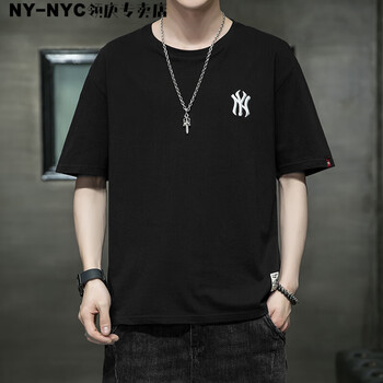 t恤2023夏季新款韩版潮流宽松体恤男装刺绣半袖上衣黑色t214短袖xl