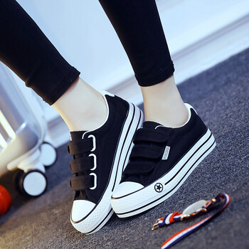 2020厚底松糕魔术贴帆布鞋女学生布鞋女低帮休闲鞋 黑色 38