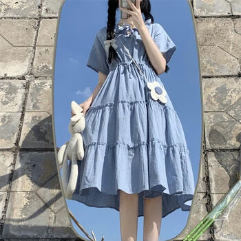 di camerino)女大童连衣裙12岁女孩13初中少女15夏装日系软妹蓝色裙子