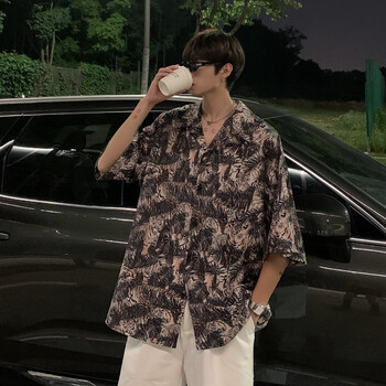 骏于鈊junyuxin夏威夷风古巴领冰丝花衬衫短袖潮牌痞帅三亚旅游海边
