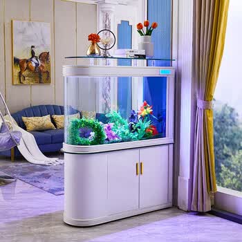 轻奢子弹头鱼缸水族箱大中型底过滤落地客厅家用隔断鱼缸 轻奢白底滤