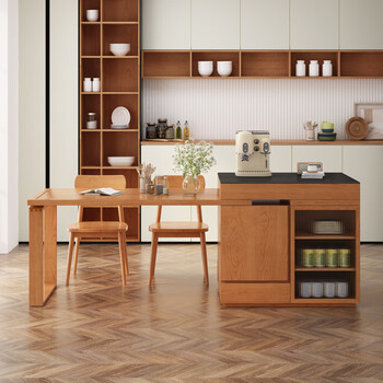 出写可伸缩岩板岛台餐桌一体多功能饭桌复古吧台餐边柜厨房橱柜 (松木