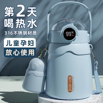 欣美雅（xinmeiya） 316不锈钢大肚保温杯大容量保温水杯智能杯学生吸管杯子带茶漏 江兰【316/温显】款子母杯