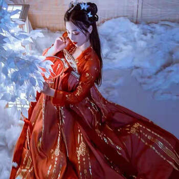 熊迪明仙鹤汉服女学生古装长款齐胸襦裙云鹤裙大袖衫秋冬季 红色云鹤上衣+3米襦裙+大袖衫 L