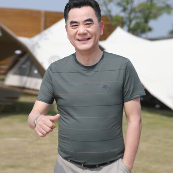 幻斯贝爸爸短袖t恤肤透气条纹上衣圆领汗衫中老年男装2327a绿色180xxl