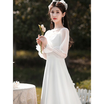 缎面小礼服法式轻婚纱连衣裙小白裙礼服个子订婚平时可穿登记 短款 l