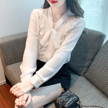 溥畔抒函23年春季休闲衬衫女时尚气质雪纺衫蝴蝶结小香风上衣女白色m