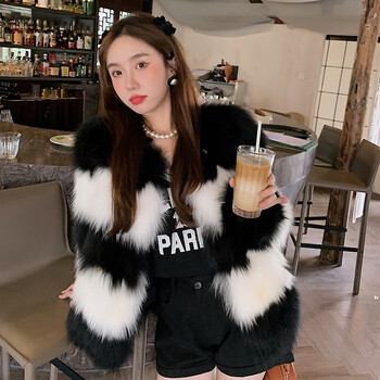 ANYIN岸音新款狐狸毛皮草外套女2022冬季简约时尚气质款显瘦年轻小清新海宁 黑白撞色 M