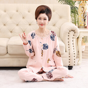 高品质送母亲中老年中年妈妈睡衣女春秋款纯棉长袖圆领开衫秋季婆婆