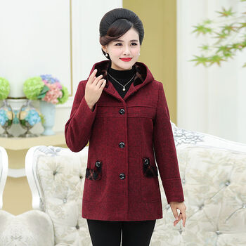 熏婕妈妈春秋装毛呢外套新款4050岁60加绒加厚棉袄中老年女装枣红春秋