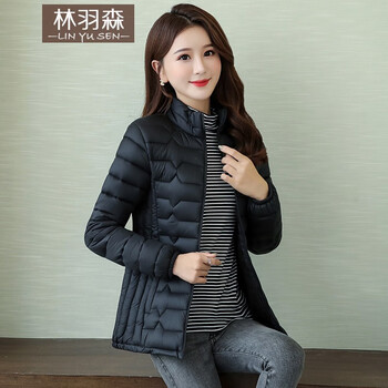 林羽森女士小棉袄修身短款薄款棉衣女冬轻薄立领中年棉服外套冬季 黑色 XL（90-115斤）