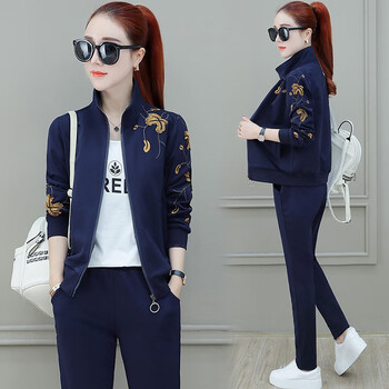 服套装女长袖开衫绣花卫衣女套装三件套女士运动装时尚休闲套装女外套