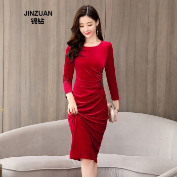 锦钻（JINZUAN）女装金丝绒连衣裙新款女气质时尚气质高端长袖旗袍改良版 红色 M