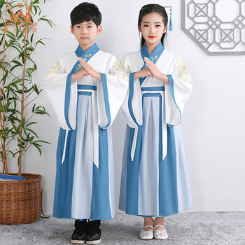 耀X儿童汉服国学服男女童三字经书童演出服YR-KJ-9 湖蓝拼接广袖140