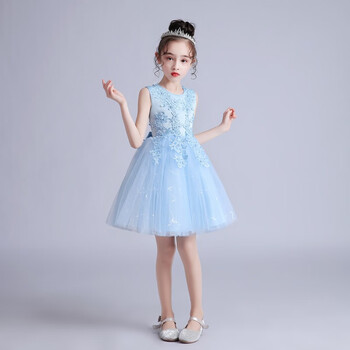表演出服装女花童礼服小学生毕业照纱裙m683女童无袖蓝色裙子140码