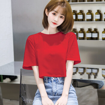 装女大红色肚脐t恤短袖女2022夏季心机小众高腰短款上衣潮女装 大红色