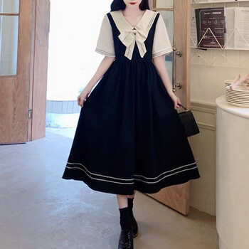 洛丽塔裙子成人长裙夏季海军领高中生少女学生显瘦学院风连衣裙大号