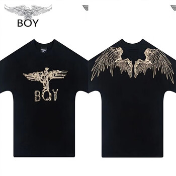 boy2023新款r黑色天使恶魔翅膀男女短袖t恤烫金老鹰情侣学生上衣黑xxl