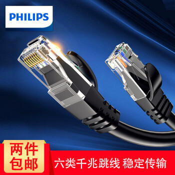 飞利浦（PHILIPS）六类网线 CAT6类千兆网络跳线8芯双绞适用家用工程监控路由器电脑宽带成品 黑色 1米