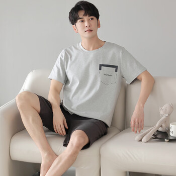 睡衣男夏季纯棉薄款短袖短裤套装套头休闲大码宽松男士家居服ckefh2