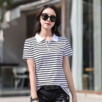 拉链条纹t恤女短袖修身型棉夏季有领子上衣翻领保罗polo衫时尚百搭