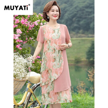 慕娅缇孜颜新款夏装气质连衣裙中年女洋气短袖夏季雪纺裙子xl建桃粉色