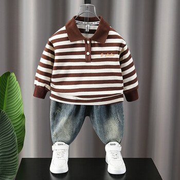 洛留云小男孩秋季翻领条纹卫衣牛仔裤两件套童装男童套装儿童潮酷秋装