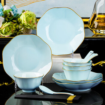 樂雲描金莲花影青瓷套装景德镇陶瓷餐具碗碟盘汤碗轻奢礼品骨瓷 描金