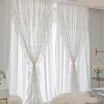 卓尔曼法式复古白色蕾丝公主风少女双层纱帘透光不透人卧室飘窗窗帘