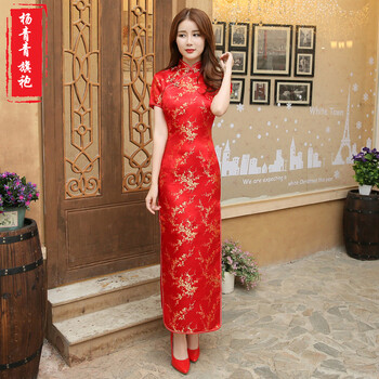 中国风红色敬酒服旗袍长款红色梅花结婚旗袍织锦缎修身中式礼服日常